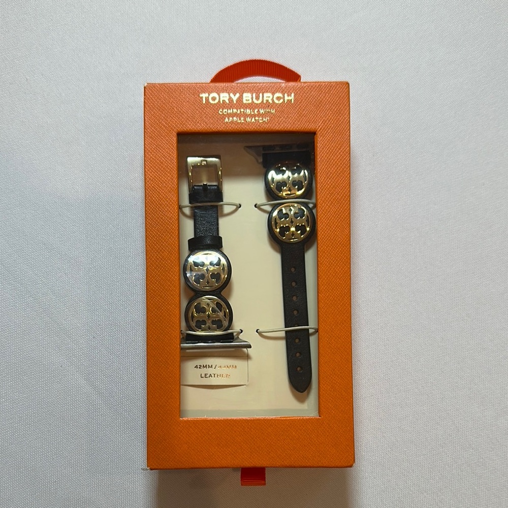 Tory Burch Gold Logo Black Leather Apple Watch Band